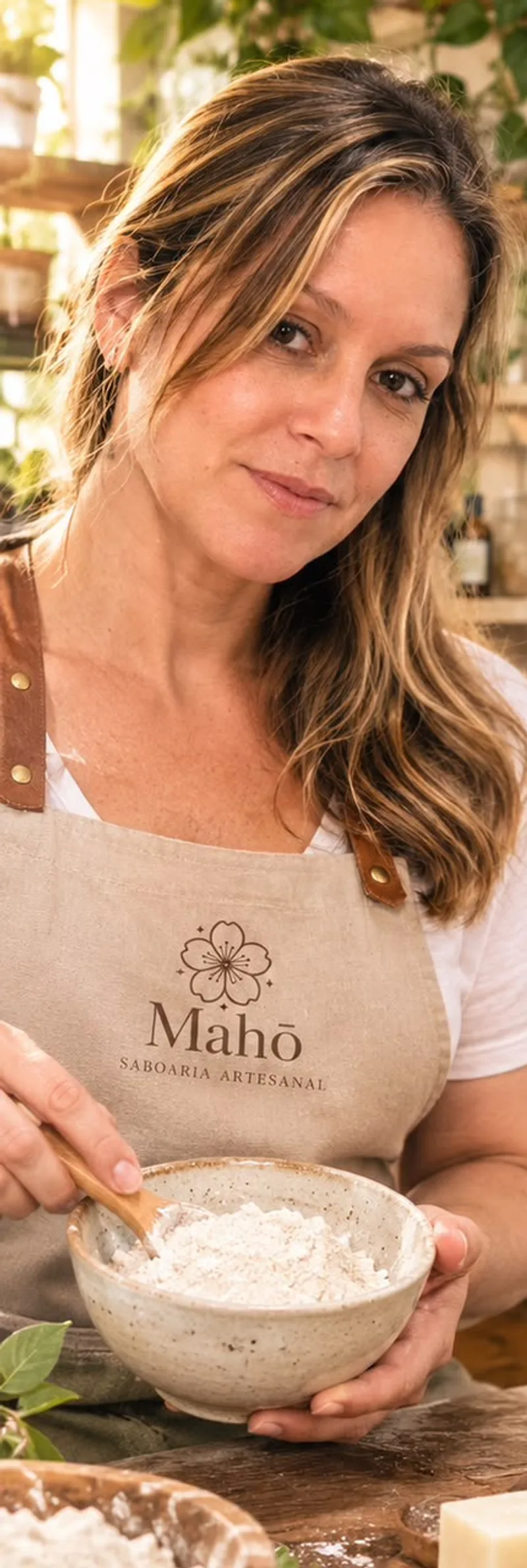Rosilaini no ateliê da Mahō, com uma tigela de argila branca