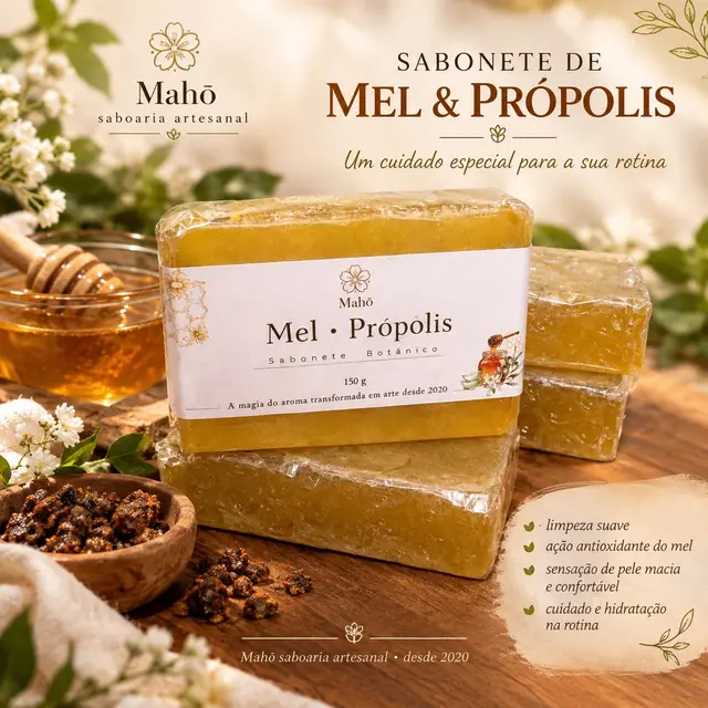 Sabonete de mel e própolis ao lado do pote de mel