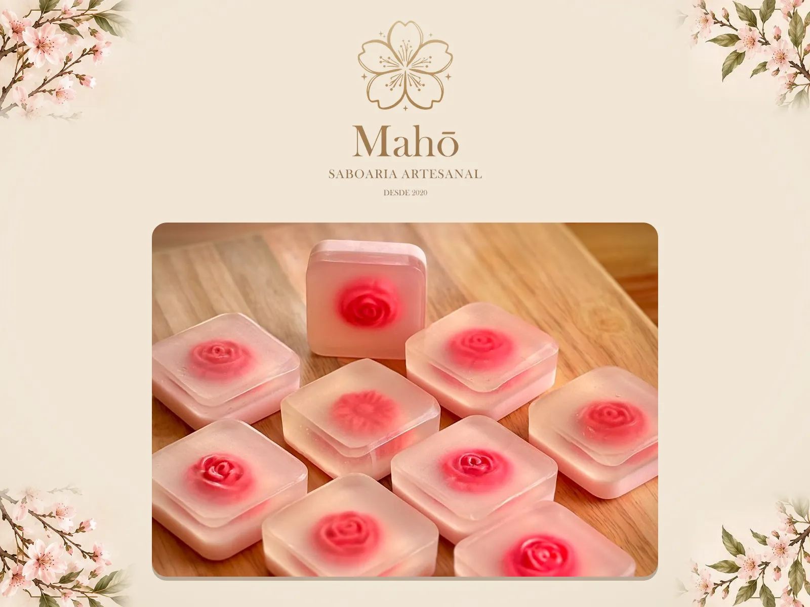 Mahō, Saboaria Artesanal, desde 2020: sabonetes com flor de rosa sobre madeira, com ramos de cerejeira